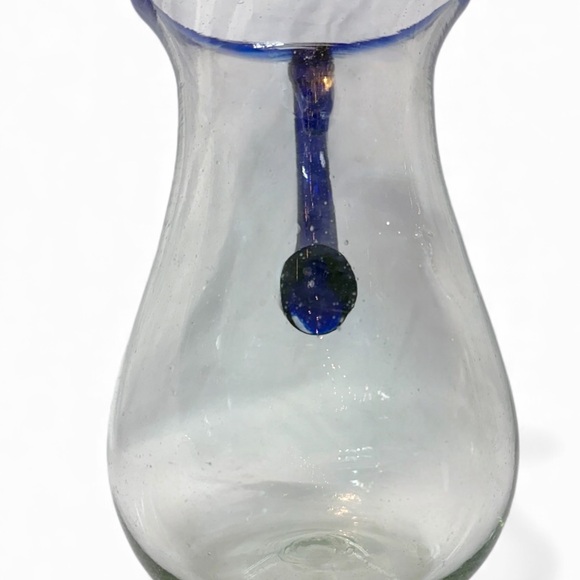 Hand Blown Art Glass Pitcher Cobalt Blue Rim Studio Glass Decor Collectible Vase - Picture 14 of 16